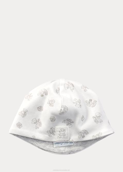 Baby Ralph Lauren Reversible Bear-Print Cotton Beanie 4DJ28026 Paper White Multi