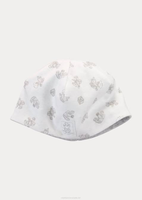 Baby Ralph Lauren Reversible Bear-Print Cotton Beanie 4DJ28026 Paper White Multi