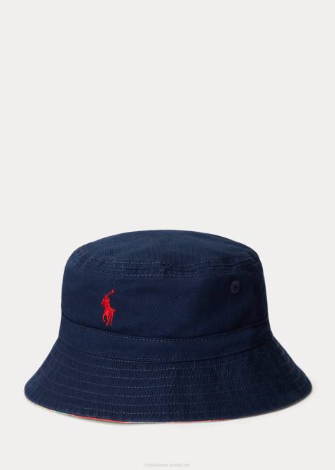 Baby Ralph Lauren Reversible Cotton Bucket Hat 4DJ28339 Red/Navy Multi