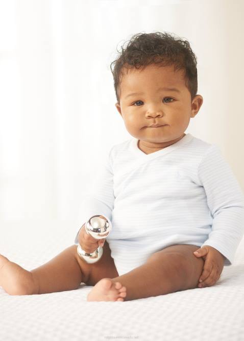 Baby Ralph Lauren Striped Cotton V-Neck Bodysuit 4DJ28156 Beryl Blue/White