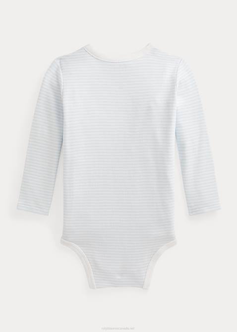 Baby Ralph Lauren Striped Cotton V-Neck Bodysuit 4DJ28156 Beryl Blue/White