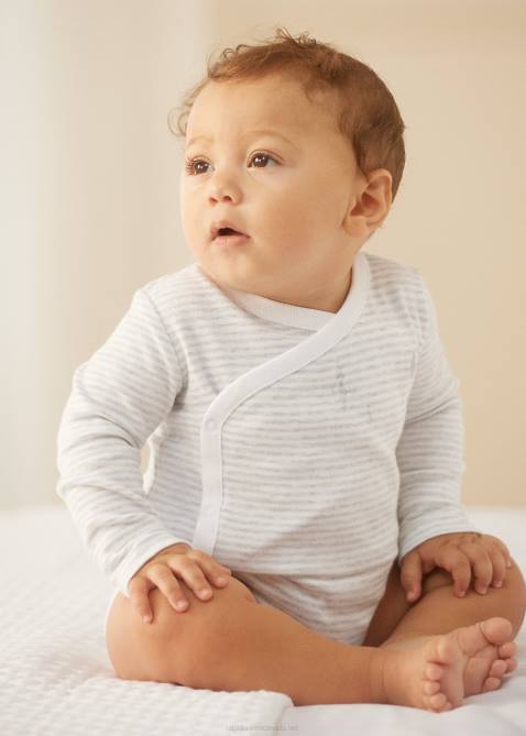 Baby Ralph Lauren Striped Cotton V-Neck Bodysuit 4DJ28163 Quartz Heather/White