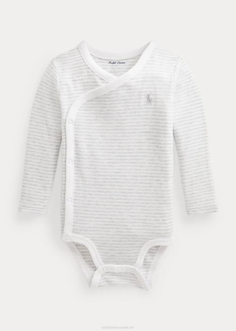 Baby Ralph Lauren Striped Cotton V-Neck Bodysuit 4DJ28163 Quartz Heather/White