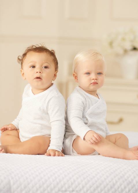 Baby Ralph Lauren Striped Cotton V-Neck Bodysuit 4DJ28163 Quartz Heather/White