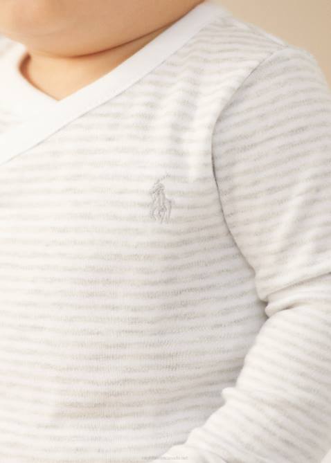 Baby Ralph Lauren Striped Cotton V-Neck Bodysuit 4DJ28163 Quartz Heather/White