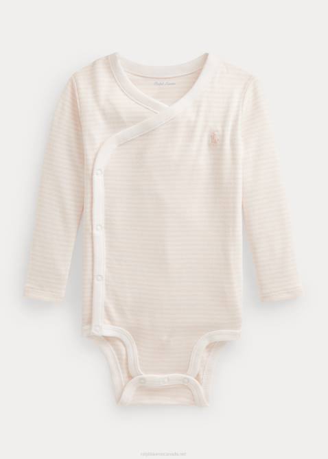Baby Ralph Lauren Striped Organic Cotton V-Neck Bodysuit 4DJ28165 Delicate Pink/White