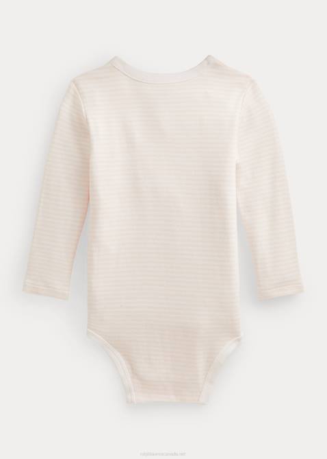 Baby Ralph Lauren Striped Organic Cotton V-Neck Bodysuit 4DJ28165 Delicate Pink/White
