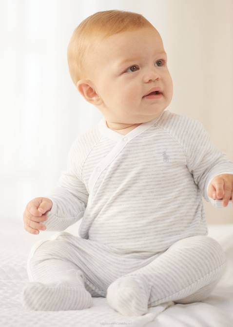 Baby Ralph Lauren Striped Cotton Footed Coverall 4DJ27733 Quartz Heather/White
