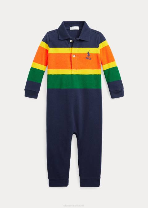 Baby Ralph Lauren Striped Cotton Mesh Polo Coverall 4DJ28169 Dark Cobalt Multi