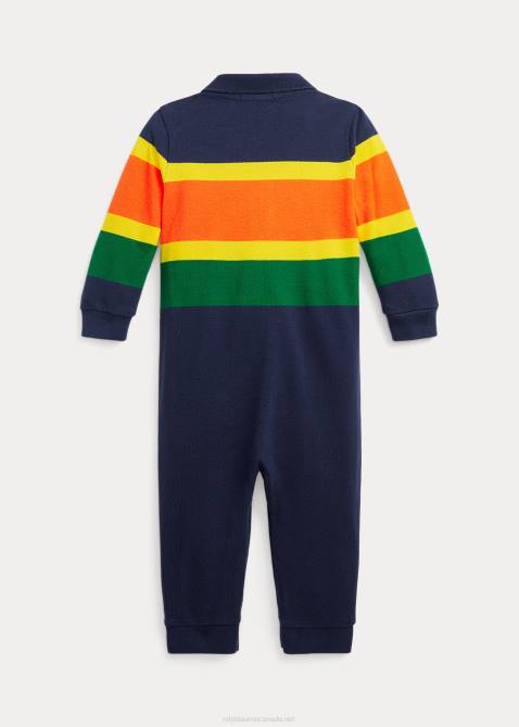 Baby Ralph Lauren Striped Cotton Mesh Polo Coverall 4DJ28169 Dark Cobalt Multi
