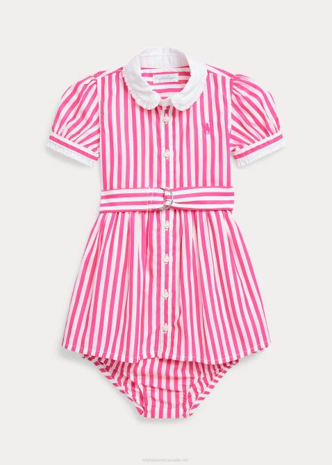 Baby Ralph Lauren Belted Cotton Shirtdress & Bloomer 4DJ28226 Pink/White