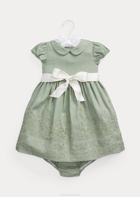 Baby Ralph Lauren Embroidered Linen Dress & Bloomer 4DJ210034 Light Green