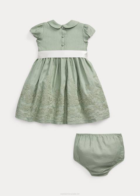 Baby Ralph Lauren Embroidered Linen Dress & Bloomer 4DJ210034 Light Green