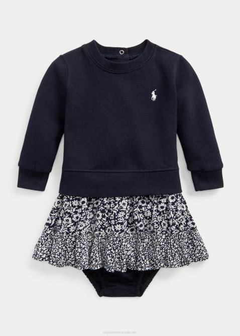 Baby Ralph Lauren Floral Fleece Sweatshirt Dress & Bloomer 4DJ28239 RL Navy