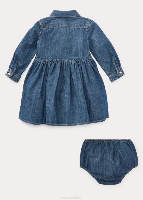 Baby Ralph Lauren Shirred Denim Shirtdress & Bloomer 4DJ27852 Indigo Blue