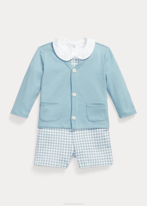 Baby Ralph Lauren Bodysuit Cardigan & Overall Set 4DJ27770 Blue Gingham