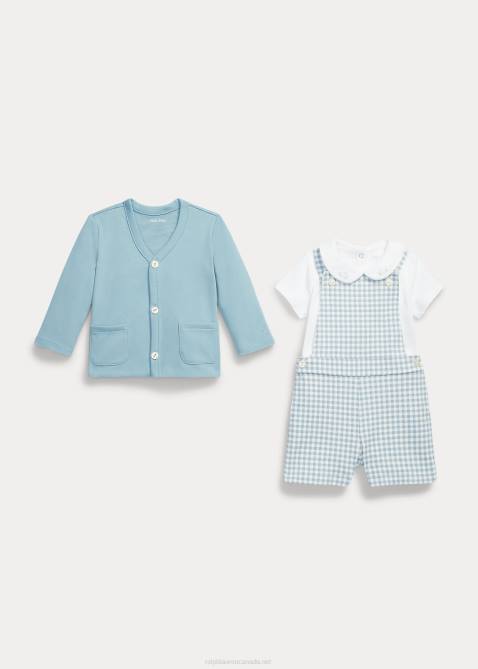 Baby Ralph Lauren Bodysuit Cardigan & Overall Set 4DJ27770 Blue Gingham