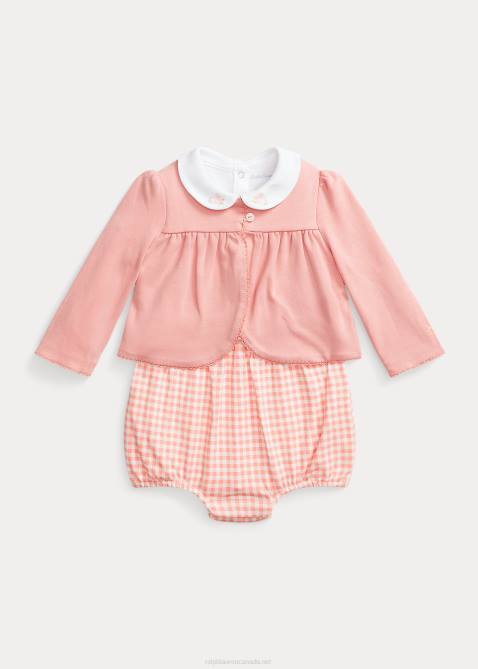 Baby Ralph Lauren Bodysuit Cardigan & Shortall Set 4DJ27777 Pink Gingham