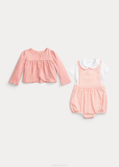 Baby Ralph Lauren Bodysuit Cardigan & Shortall Set 4DJ27777 Pink Gingham