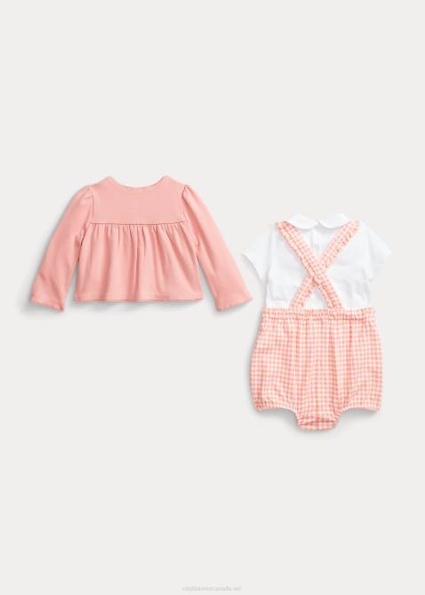 Baby Ralph Lauren Bodysuit Cardigan & Shortall Set 4DJ27777 Pink Gingham