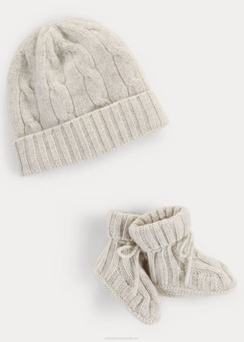 Baby Ralph Lauren Cashmere Beanie & Bootie Set 4DJ28034 Light Grey Heather