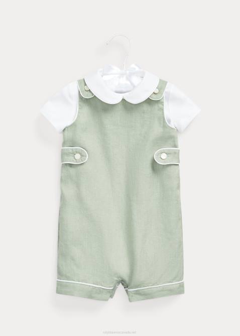 Baby Ralph Lauren Cotton Bodysuit & Linen Overall Set 4DJ27805 Light Green/White