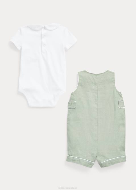 Baby Ralph Lauren Cotton Bodysuit & Linen Overall Set 4DJ27805 Light Green/White