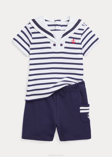 Baby Ralph Lauren Cotton Interlock Sailor Tee & Short Set 4DJ27765 Navy/White Multi