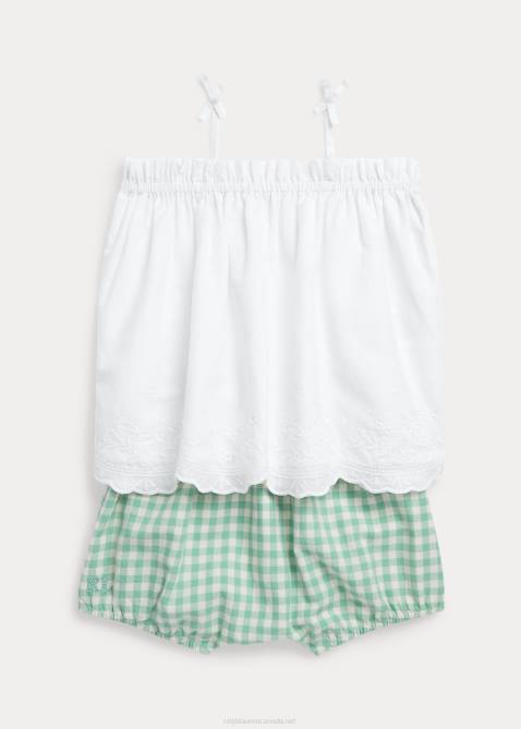 Baby Ralph Lauren Eyelet Cotton Top & Gingham Short Set 4DJ27776 Deckwash White
