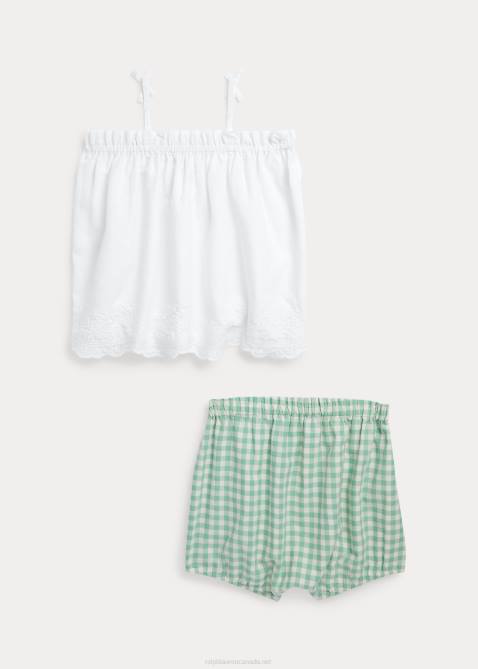 Baby Ralph Lauren Eyelet Cotton Top & Gingham Short Set 4DJ27776 Deckwash White