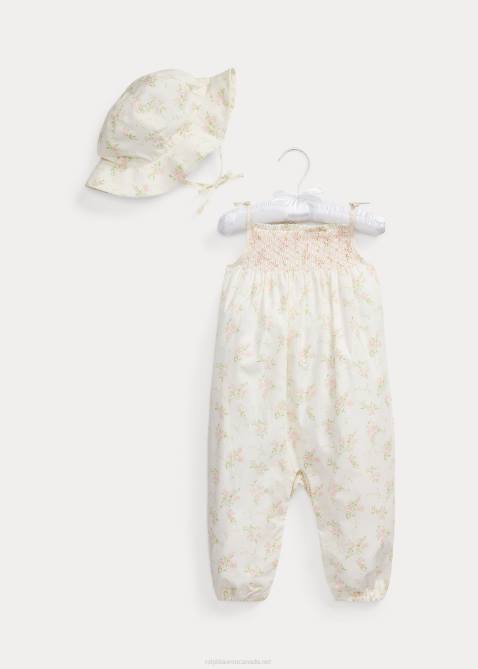 Baby Ralph Lauren Floral Smocked Jumpsuit & Hat Set 4DJ27810 Forget Me Not Floral