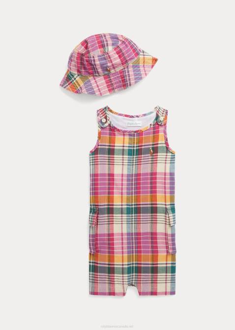 Baby Ralph Lauren Indigo Cotton Madras Shortall & Hat Set 4DJ27827 Pink/Cream Multi