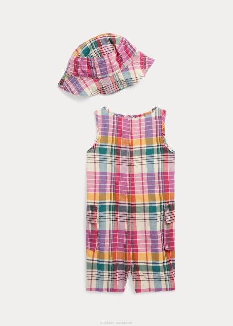 Baby Ralph Lauren Indigo Cotton Madras Shortall & Hat Set 4DJ27827 Pink/Cream Multi