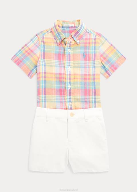 Baby Ralph Lauren Plaid Linen Shirt & Chino Short Set 4DJ27771 Yellow/Red Multi