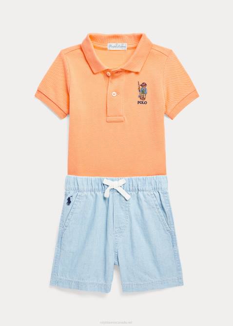 Baby Ralph Lauren Polo Bear Cotton Polo Shirt & Short Set 4DJ27774 Fair Orange/Chambray