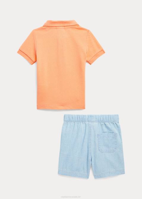 Baby Ralph Lauren Polo Bear Cotton Polo Shirt & Short Set 4DJ27774 Fair Orange/Chambray