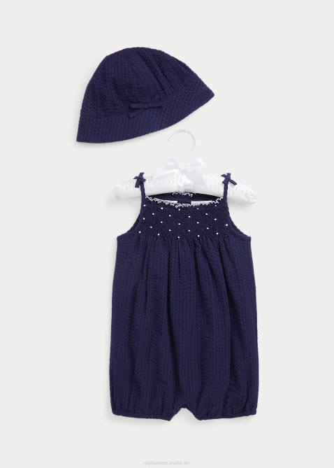 Baby Ralph Lauren Seersucker Bubble Shortall & Hat Set 4DJ27803 Refined Navy