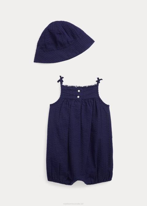 Baby Ralph Lauren Seersucker Bubble Shortall & Hat Set 4DJ27803 Refined Navy