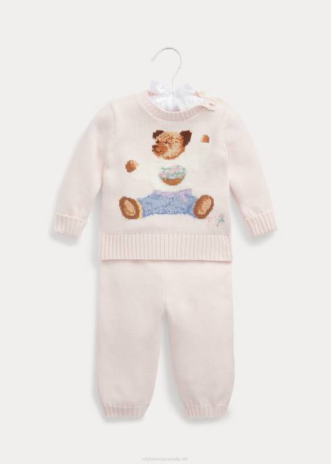 Baby Ralph Lauren Sitting Bear Cotton Sweater & Pant Set 4DJ27801 Delicate Pink