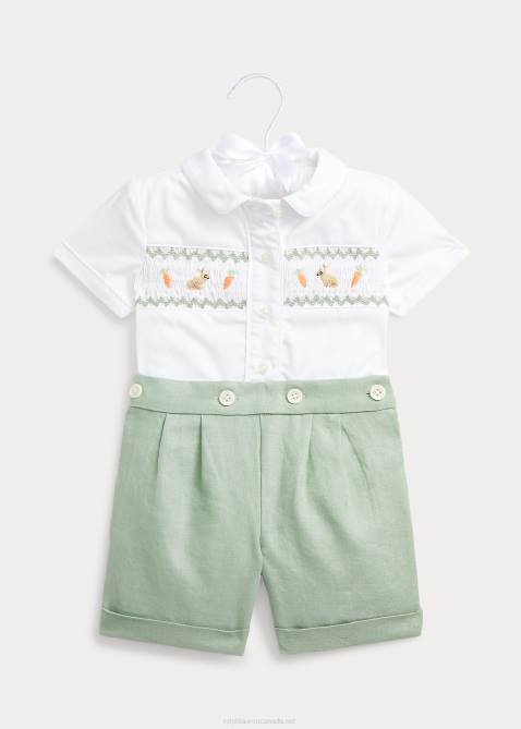 Baby Ralph Lauren Smocked Cotton Shirt & Linen Short Set 4DJ27808 Light Green/White