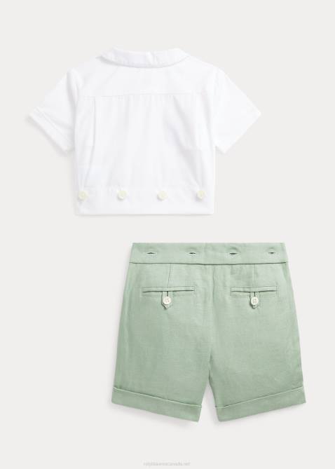 Baby Ralph Lauren Smocked Cotton Shirt & Linen Short Set 4DJ27808 Light Green/White