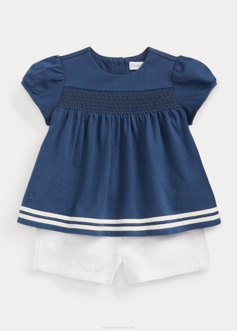 Baby Ralph Lauren Smocked Jersey Top & Linen Short Set 4DJ28192 Navy/White