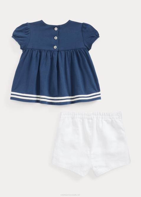 Baby Ralph Lauren Smocked Jersey Top & Linen Short Set 4DJ28192 Navy/White