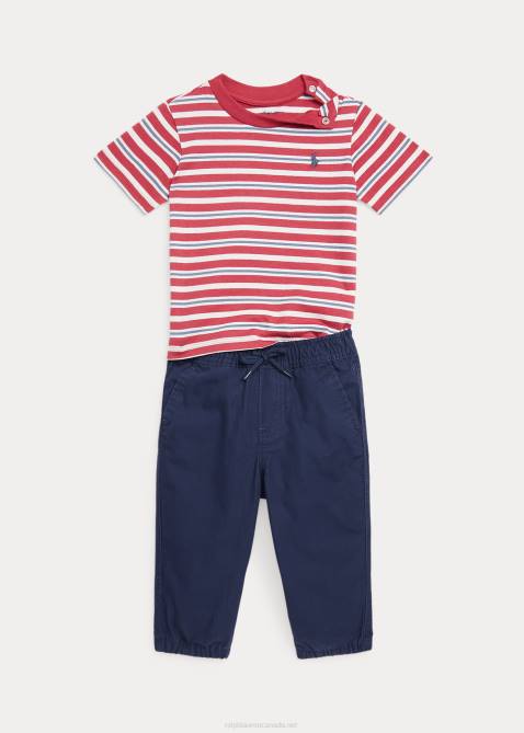 Baby Ralph Lauren Striped Cotton Tee & Poplin Pant Set 4DJ28213 Chili Pepper Multi