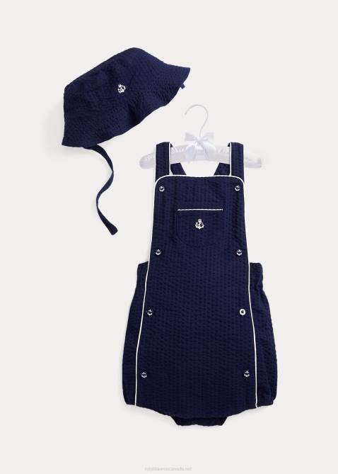 Baby Ralph Lauren Cotton Seersucker Shortall & Hat Set 4DJ27690 Refined Navy