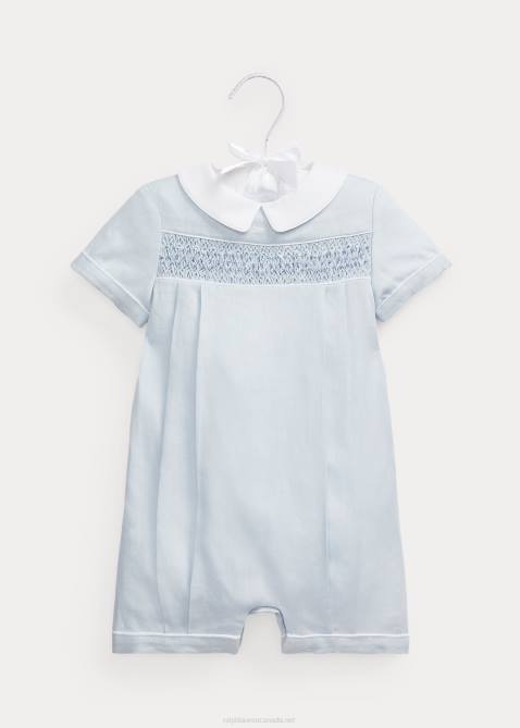 Baby Ralph Lauren Hand-Smocked Linen Bubble Shortall 4DJ210028 Beryl Blue