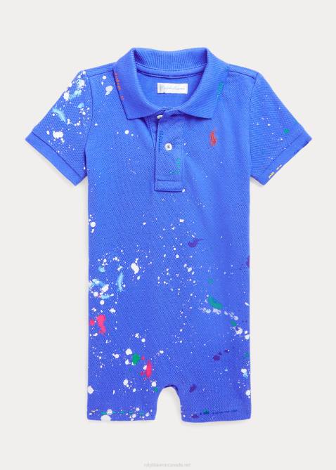 Baby Ralph Lauren Paint-Splatter Cotton Mesh Polo Shortall 4DJ27669 New Iris
