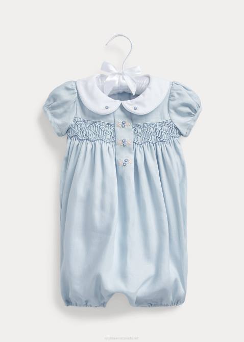 Baby Ralph Lauren Smocked Linen Bubble Shortall 4DJ27687 Beryl Blue