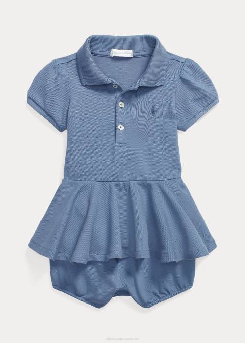 Baby Ralph Lauren Stretch Mesh Peplum Polo Shortall 4DJ28138 Capri Blue