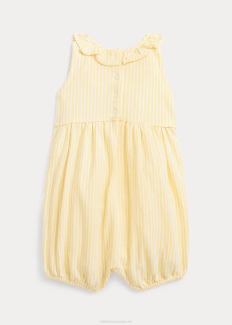 Baby Ralph Lauren Striped Ruffled Mesh Bubble Shortall 4DJ27678 Corn Yellow Multi